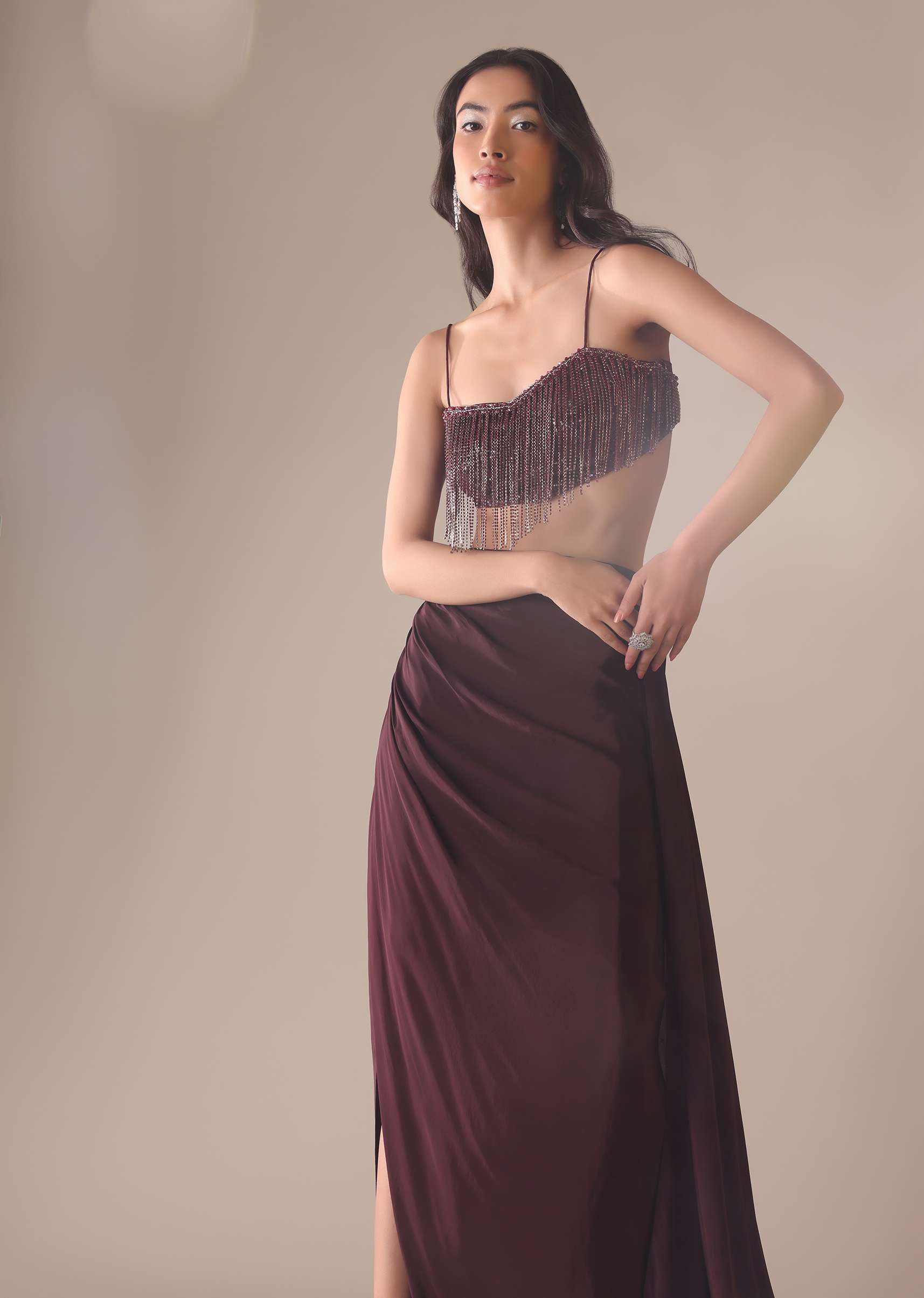 Wine Stone Embroidered Drape Skirt And Blouse Set In Crepe