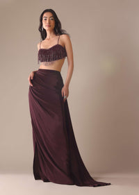 Wine Stone Embroidered Drape Skirt And Blouse Set In Crepe