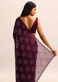 Wine Swarovski Georgette Saree With Unstitched Blouse