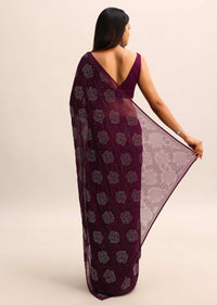 Wine Swarovski Georgette Saree With Unstitched Blouse