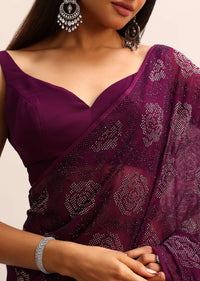 Wine Swarovski Georgette Saree With Unstitched Blouse