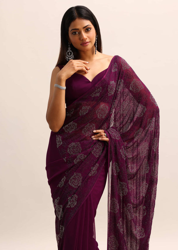 Wine Swarovski Georgette Saree With Unstitched Blouse