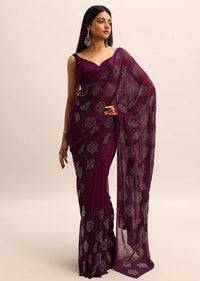 Wine Swarovski Georgette Saree With Unstitched Blouse