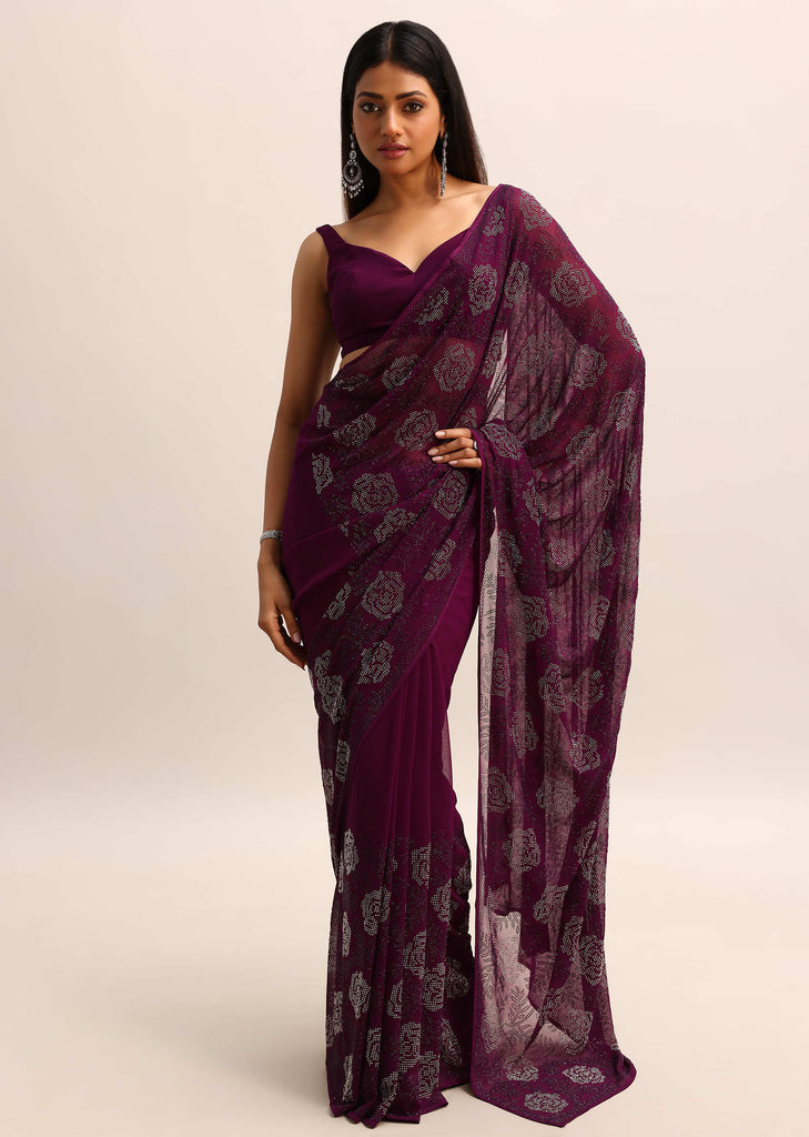 Wine Swarovski Georgette Saree With Unstitched Blouse