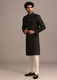 Wine Textured Sherwani Set With Mandarin Collar