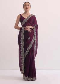 Wine Tissue Saree In Heave Embroidery With Unstitched Blouse