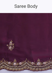 Wine Tissue Saree In Heave Embroidery With Unstitched Blouse