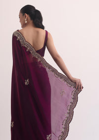 Wine Tissue Saree In Heave Embroidery With Unstitched Blouse