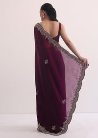 Wine Tissue Saree In Heave Embroidery With Unstitched Blouse