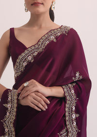 Wine Tissue Saree In Heave Embroidery With Unstitched Blouse