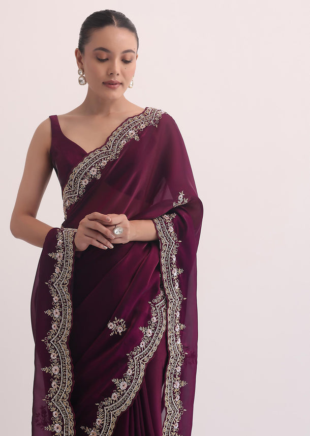 Wine Tissue Saree In Heave Embroidery With Unstitched Blouse