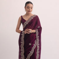 Wine Tissue Saree In Heave Embroidery With Unstitched Blouse