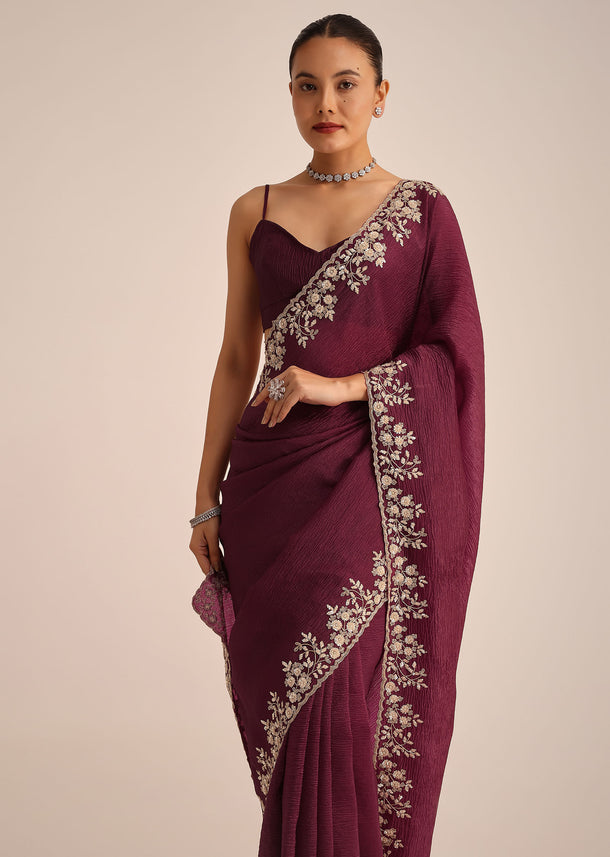 Wine Tissue Saree With Sequin And Cutdana Border And Unstitched Blouse