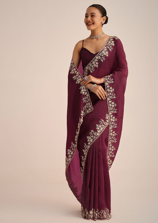 Wine Tissue Saree With Sequin And Cutdana Border And Unstitched Blouse
