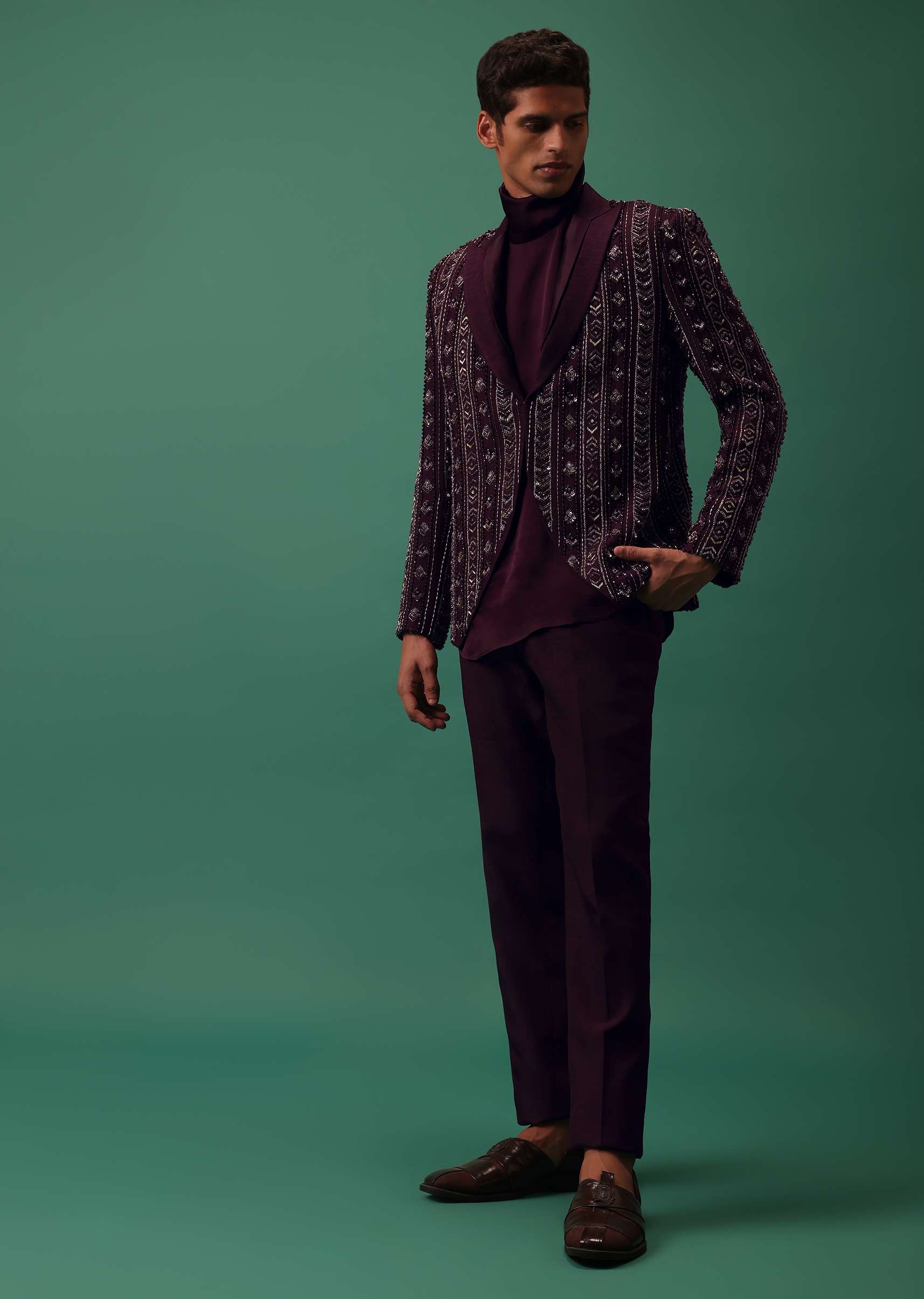 Wine Toned Heavy Embroidered Tuxedo Set In Dola Silk