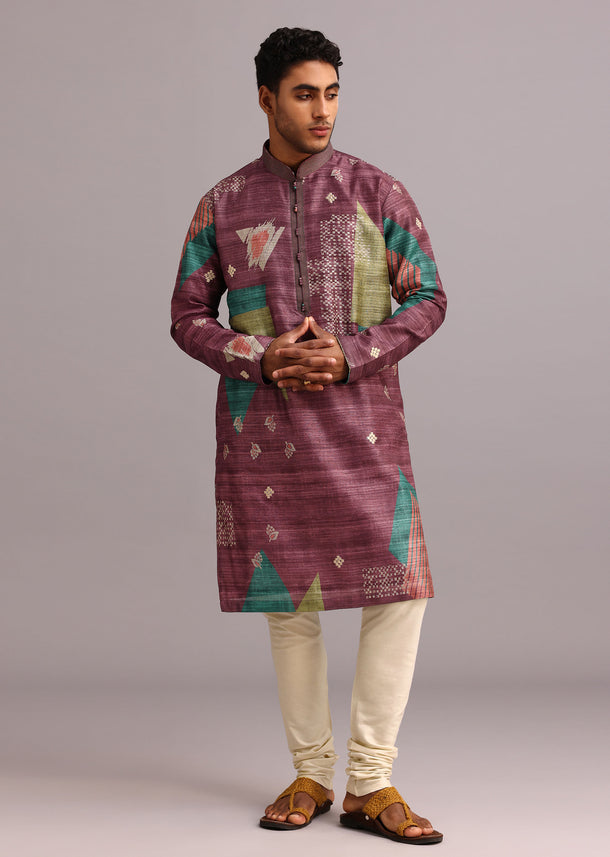 Wine Tussar Silk Printed Kurta Set