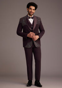 Wine Tuxedo With Beaded Detailing And Satin Peak Lapel