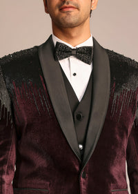 Wine Velvet Suit Set With Zardosi Detailing