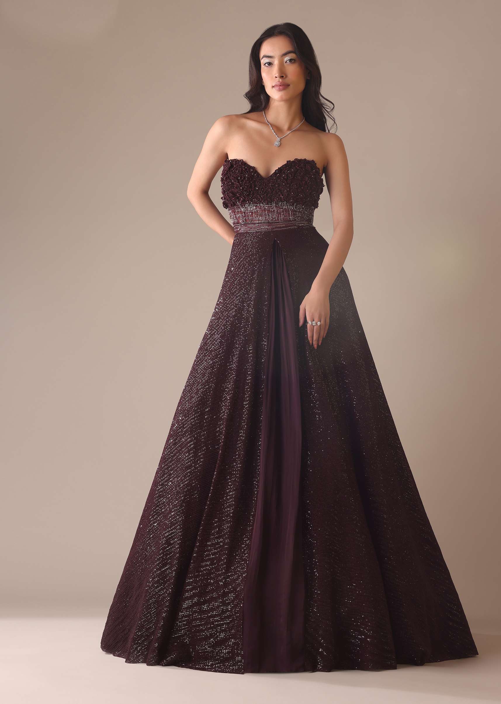 Wine Western Drape Gown With 3D Flower Embroidery