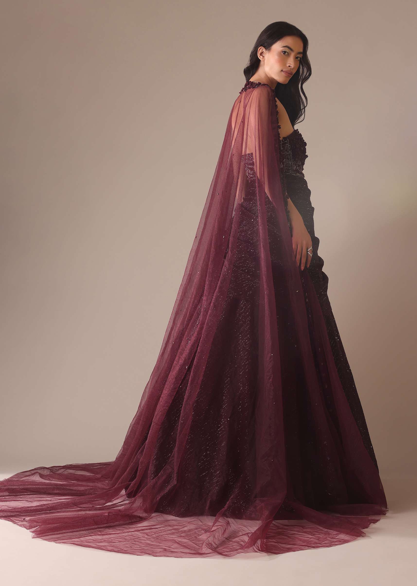 Wine Western Drape Gown With 3D Flower Embroidery