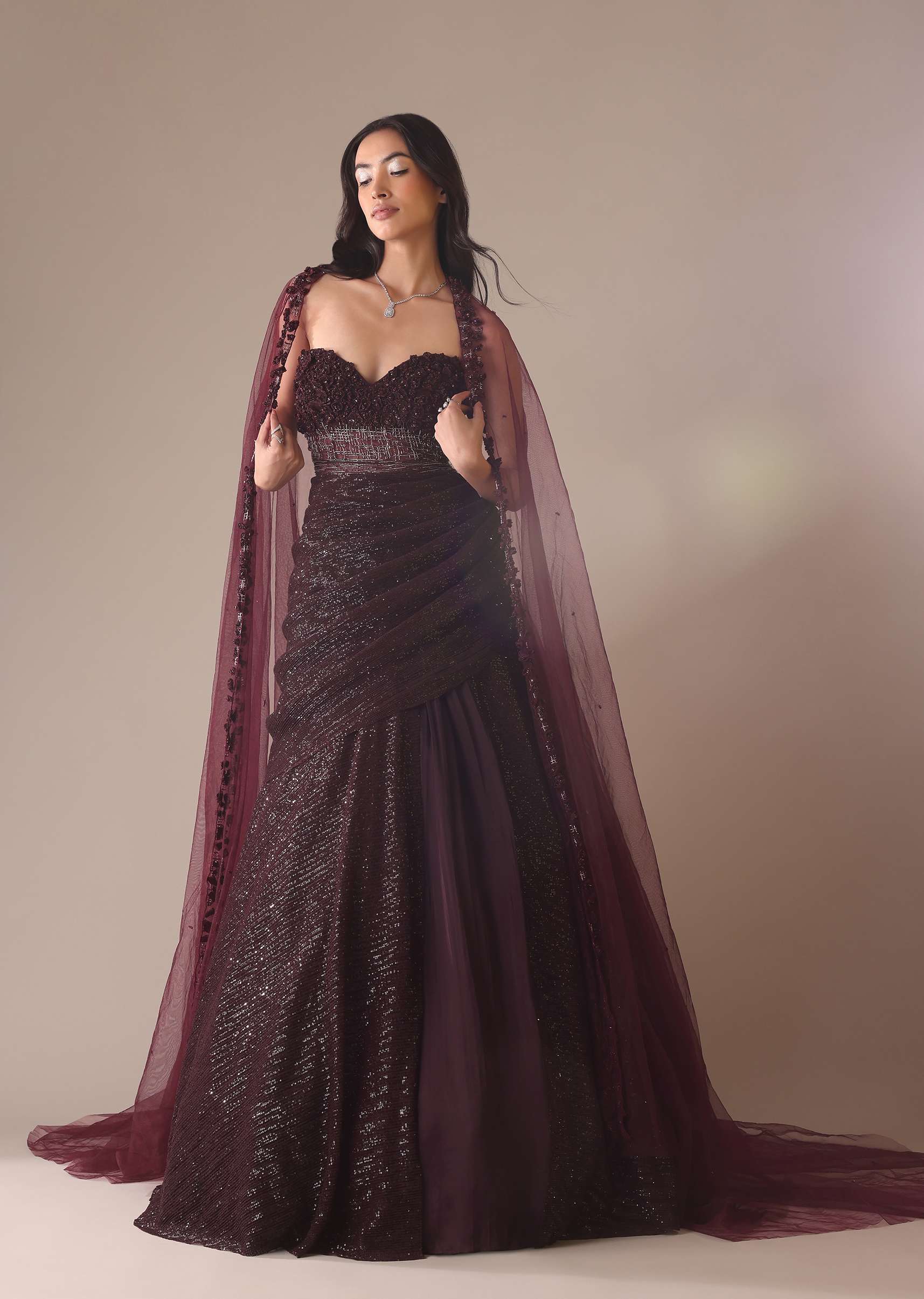 Wine Western Drape Gown With 3D Flower Embroidery