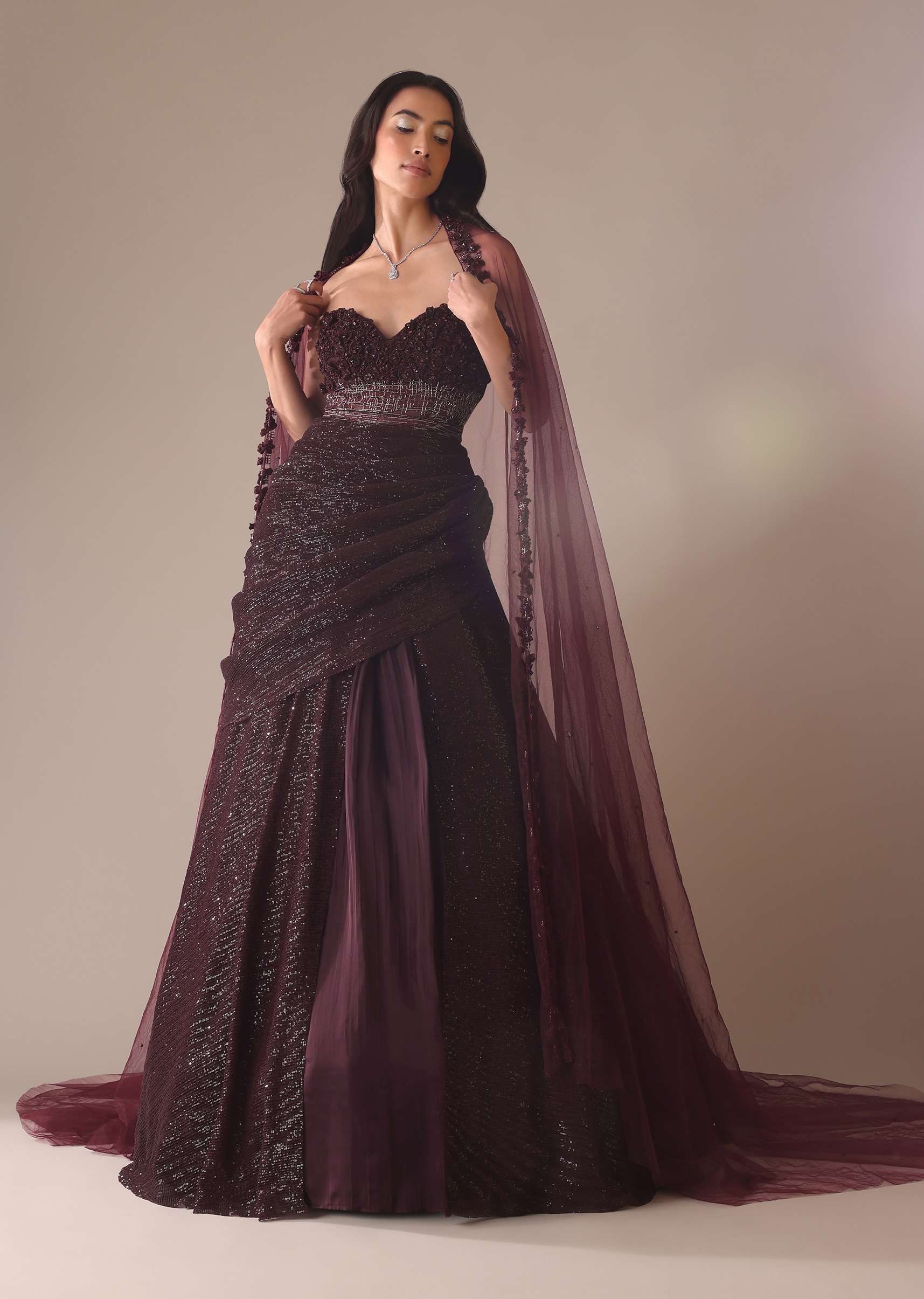 Wine Western Drape Gown With 3D Flower Embroidery