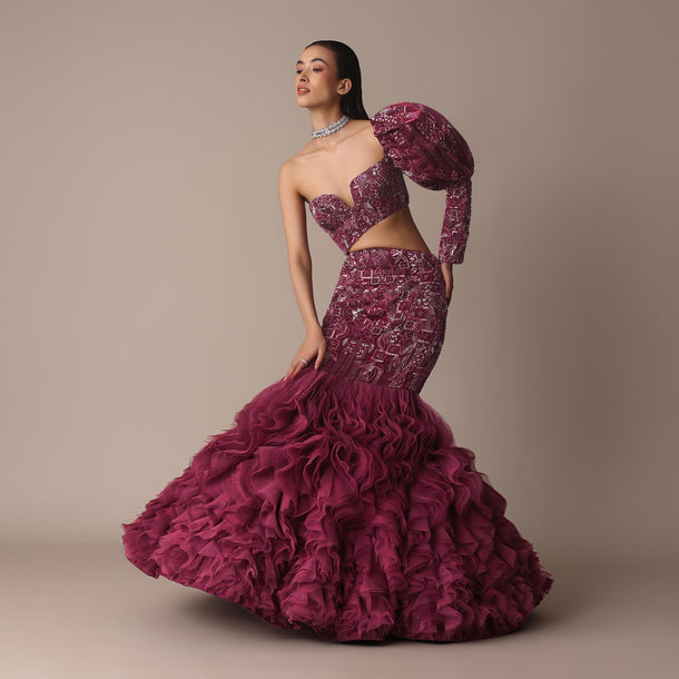 Wine Fish Cut One Shoulder Gown With 3D Organza Frills