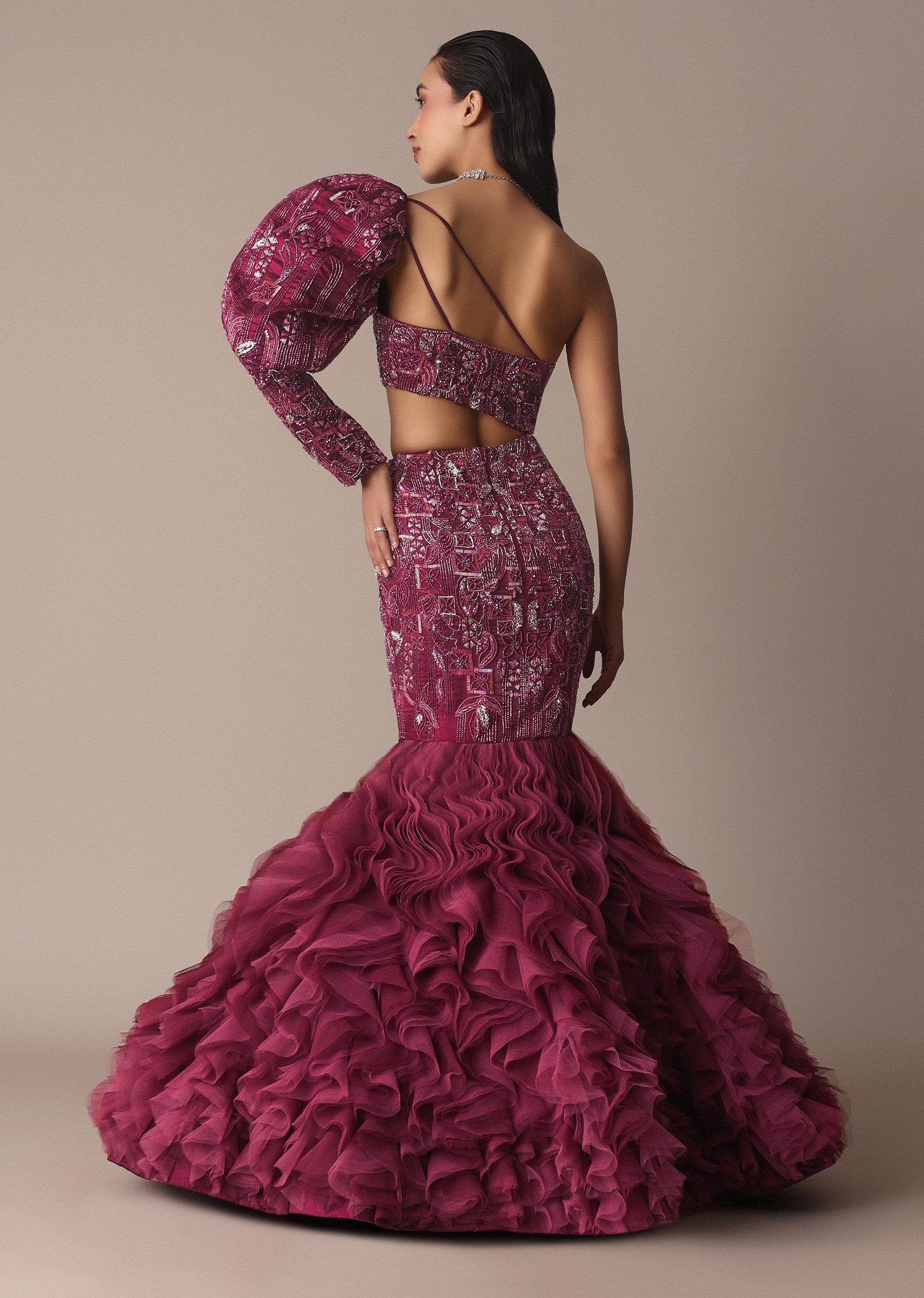 Wine Fish Cut One Shoulder Gown With 3D Organza Frills