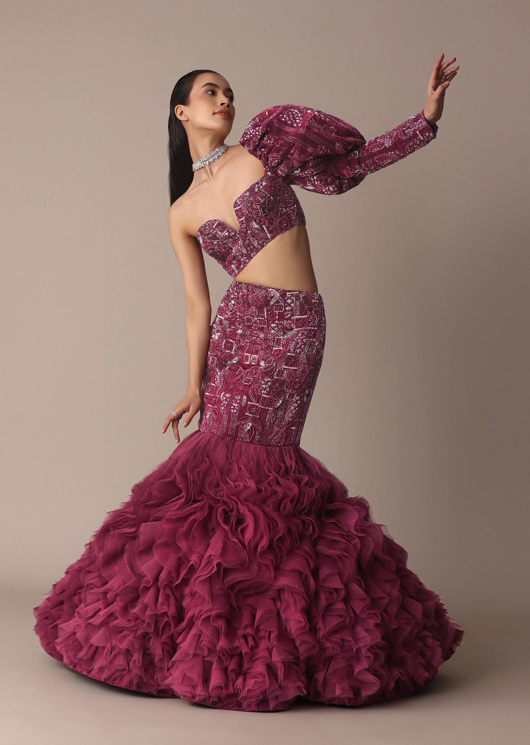 Wine Fish Cut One Shoulder Gown With 3D Organza Frills