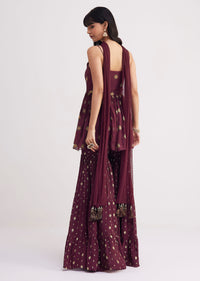 Wine Zari Threadwork Kurta Sharara With Dupatta
