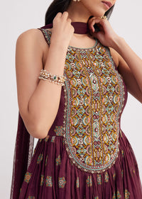 Wine Zari Threadwork Kurta Sharara With Dupatta
