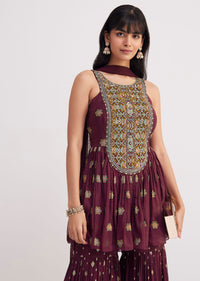 Wine Zari Threadwork Kurta Sharara With Dupatta
