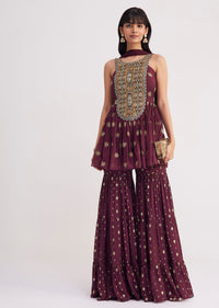 Wine Zari Threadwork Kurta Sharara With Dupatta