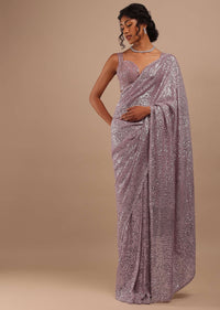 Winsome Orchid Sequins Embroidery Saree In Shimmer With Beads Floral Motifs On The Border