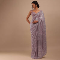Winsome Orchid Sequins Embroidery Saree In Shimmer With Beads Floral Motifs On The Border