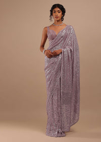 Winsome Orchid Sequins Embroidery Saree In Shimmer With Beads Floral Motifs On The Border