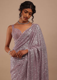 Winsome Orchid Sequins Embroidery Saree In Shimmer With Beads Floral Motifs On The Border