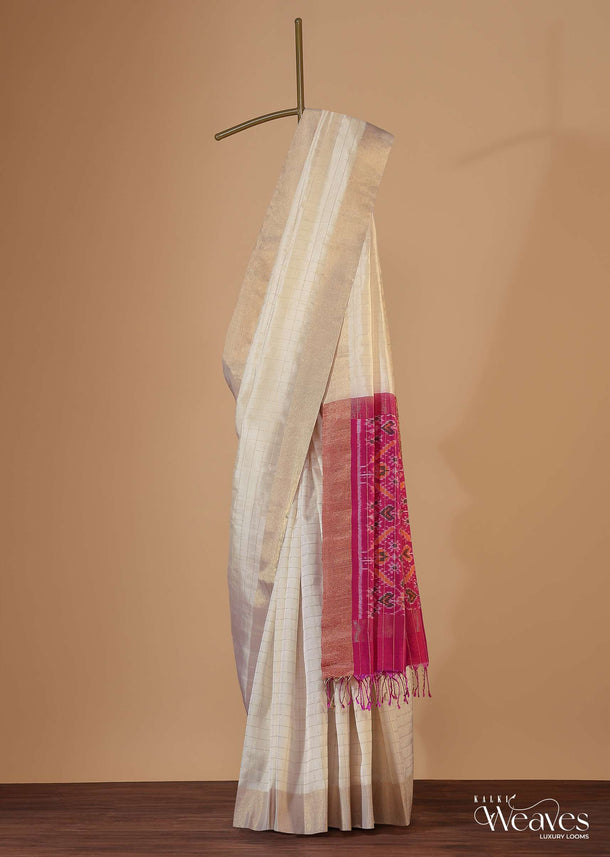 Daisy White Handloom Saree In Album South Silk With Ikat Patola Pallu And Unstitched Blouse