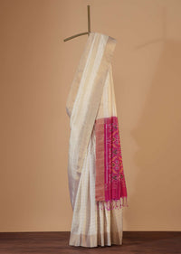 Daisy White Handloom Saree In Album South Silk With Ikat Patola Pallu And Unstitched Blouse
