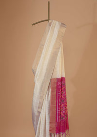 Daisy White Handloom Saree In Album South Silk With Ikat Patola Pallu And Unstitched Blouse