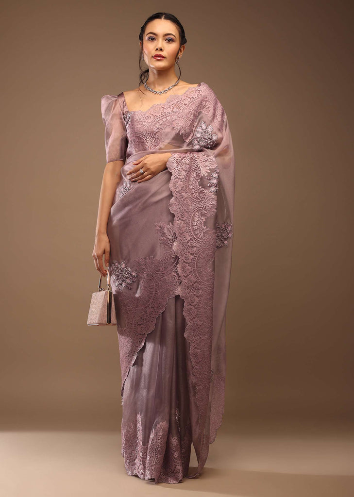 Wistful Mauve Saree With A Crop Top In Sequins Embroidery Crafted In Tissue Organza With Balloon Sleeves