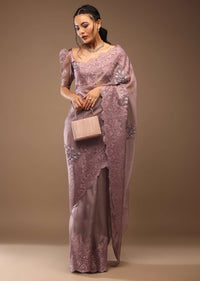 Wistful Mauve Saree With A Crop Top In Sequins Embroidery Crafted In Tissue Organza With Balloon Sleeves