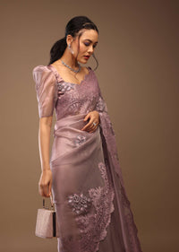 Wistful Mauve Saree With A Crop Top In Sequins Embroidery Crafted In Tissue Organza With Balloon Sleeves