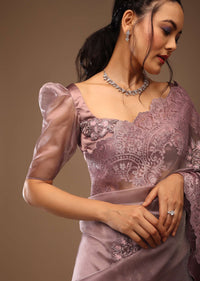 Wistful Mauve Saree With A Crop Top In Sequins Embroidery Crafted In Tissue Organza With Balloon Sleeves