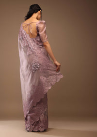 Wistful Mauve Saree With A Crop Top In Sequins Embroidery Crafted In Tissue Organza With Balloon Sleeves