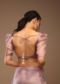 Wistful Mauve Saree With A Crop Top In Sequins Embroidery Crafted In Tissue Organza With Balloon Sleeves