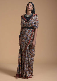 Wood Brown Saree In Cotton With Batik Printed Floral Jaal Design Online - Kalki Fashion