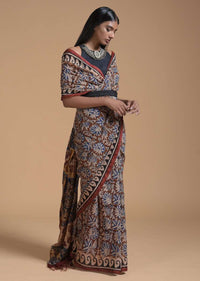 Wood Brown Saree In Cotton With Batik Printed Floral Jaal Design Online - Kalki Fashion