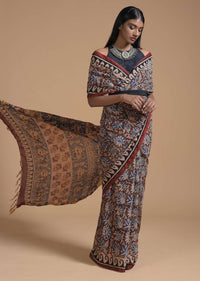 Wood Brown Saree In Cotton With Batik Printed Floral Jaal Design Online - Kalki Fashion