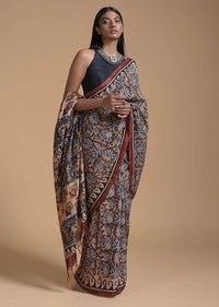 Wood Brown Saree In Cotton With Batik Printed Floral Jaal Design Online - Kalki Fashion